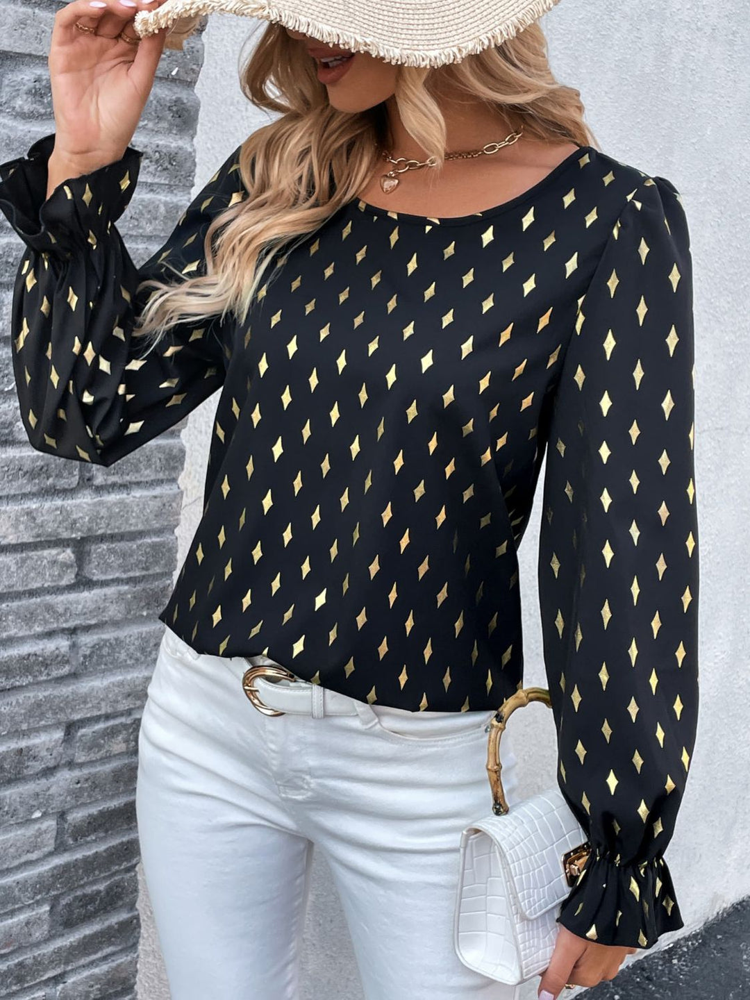 Metallic gold geometric print flounce sleeve blouse