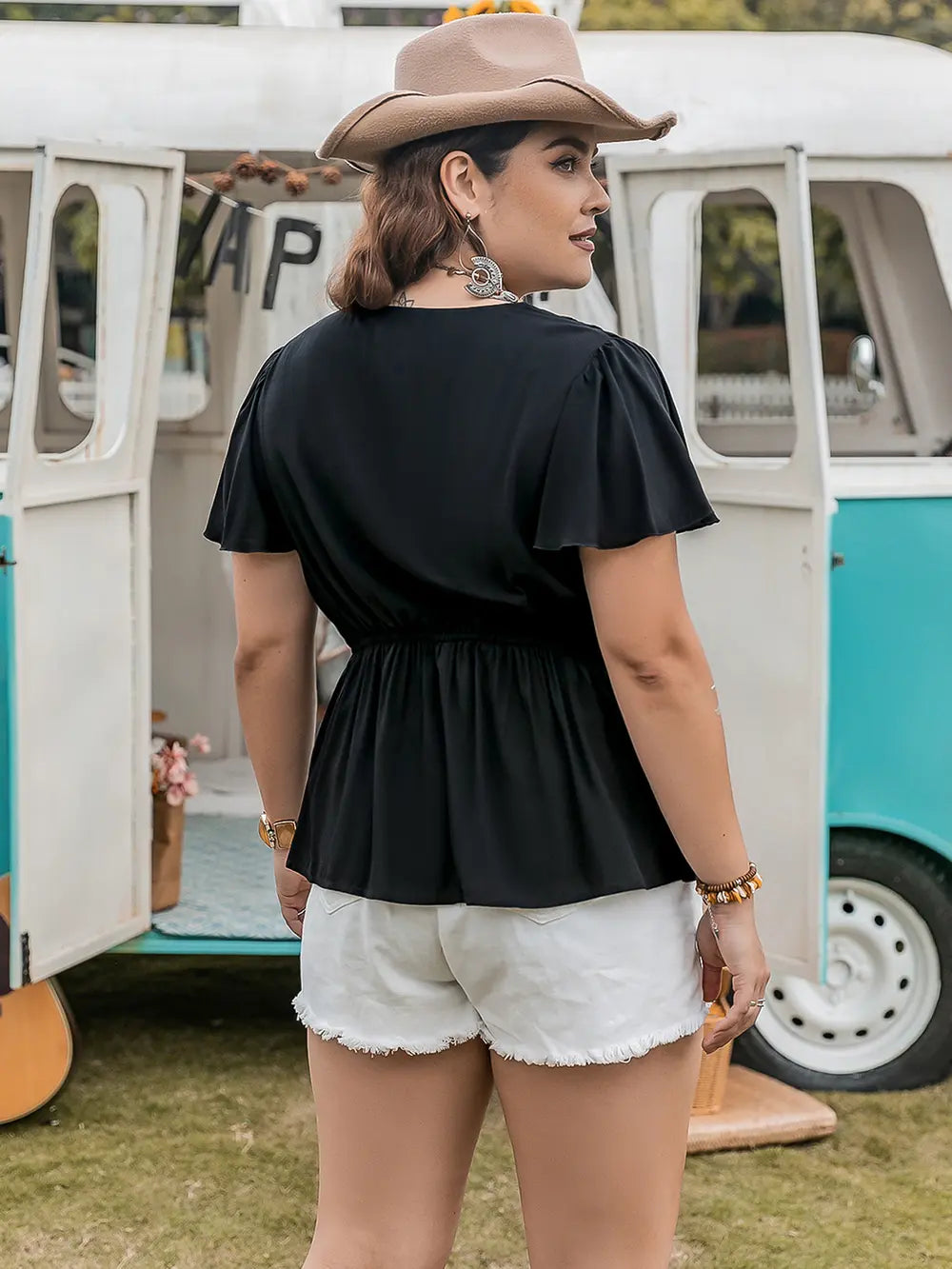 Plus size flutter sleeve V-neck peplum blouse