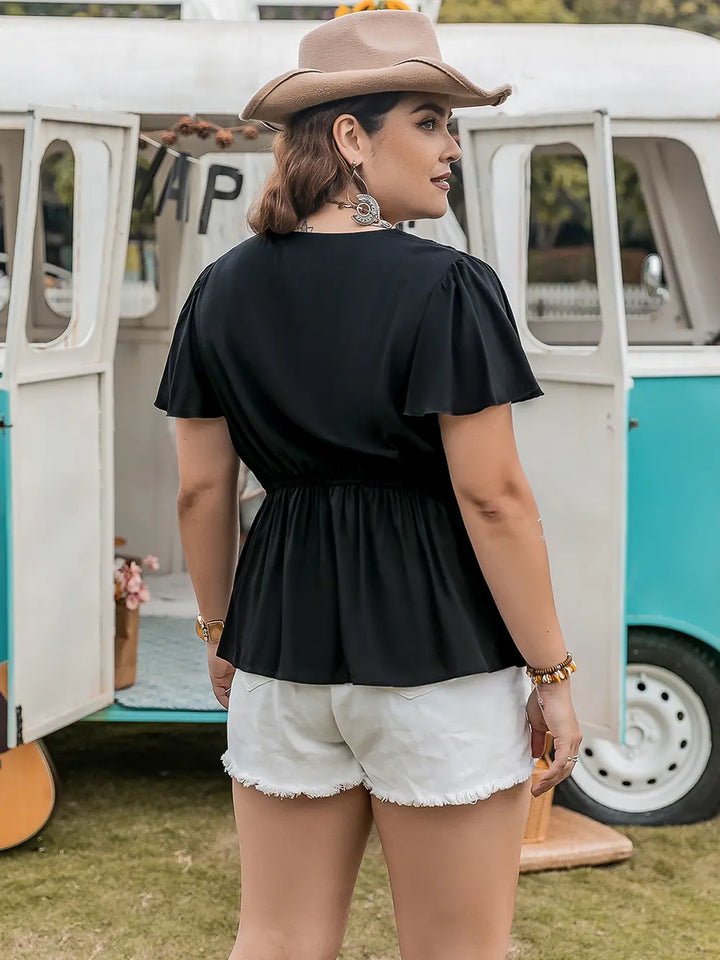 Plus size flutter sleeve V-neck peplum blouse