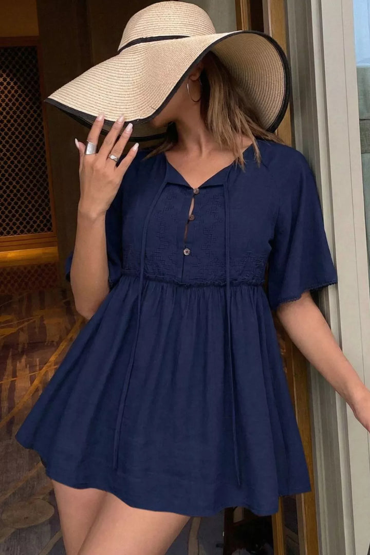 Ruffle hem V-neck blouse with embroidered yoke and lace-trim sleeves