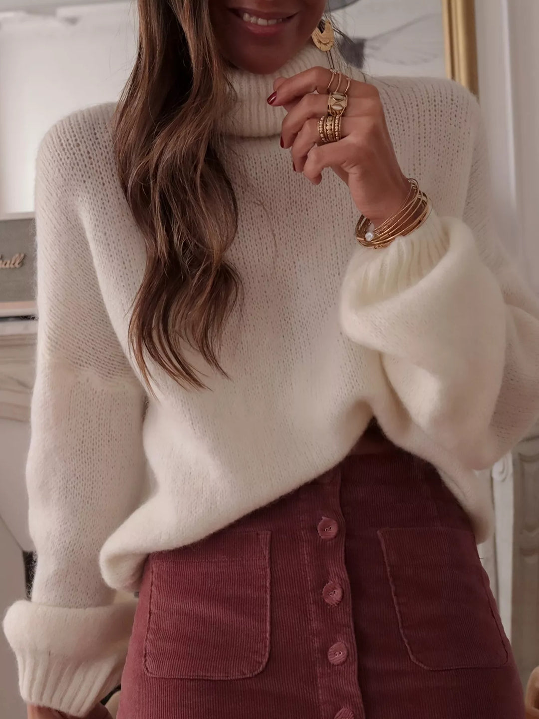 White Oversized turtleneck sweater with dropped shoulders and ribbed cuffs