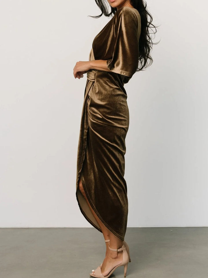 Ruched velvet wrap midi dress with surplice v-neck