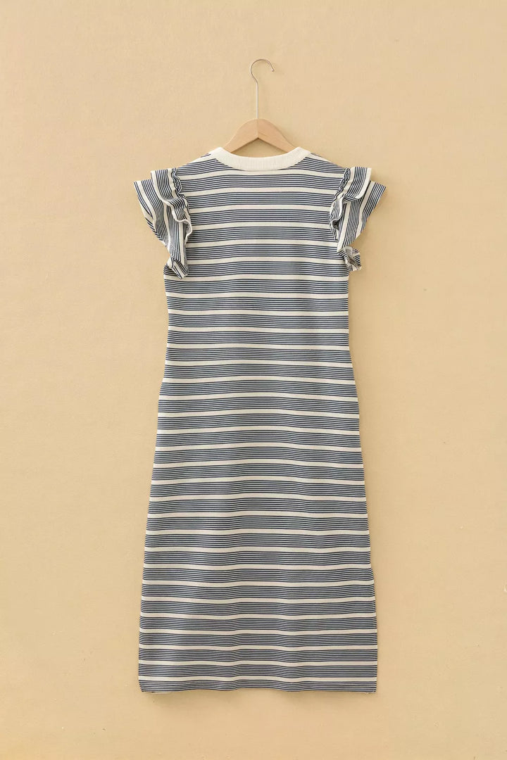 Striped notched neck midi dress with ruffle cap sleeves