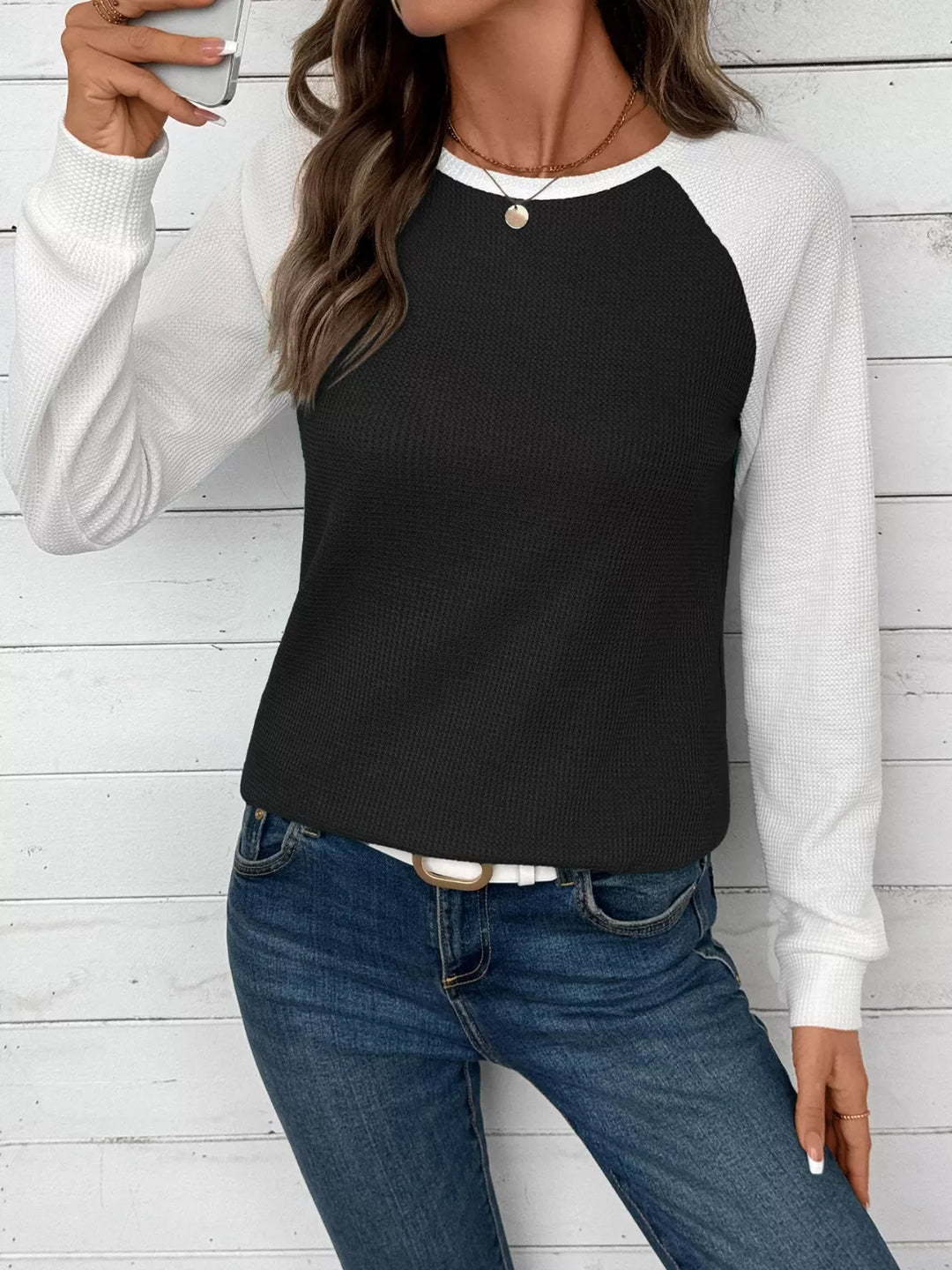 Waffle knit long sleeve raglan tunic top