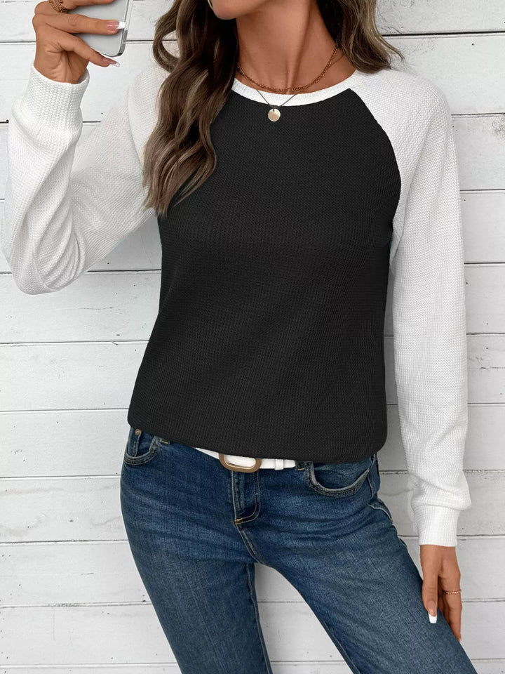 Waffle knit long sleeve raglan tunic top