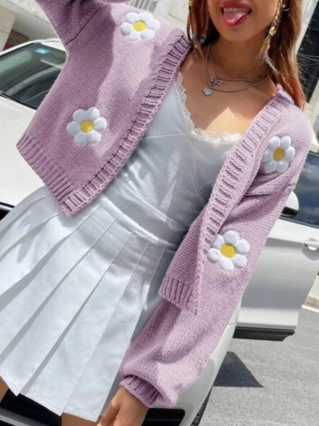Daisy appliqué open front chunky knit cardigan