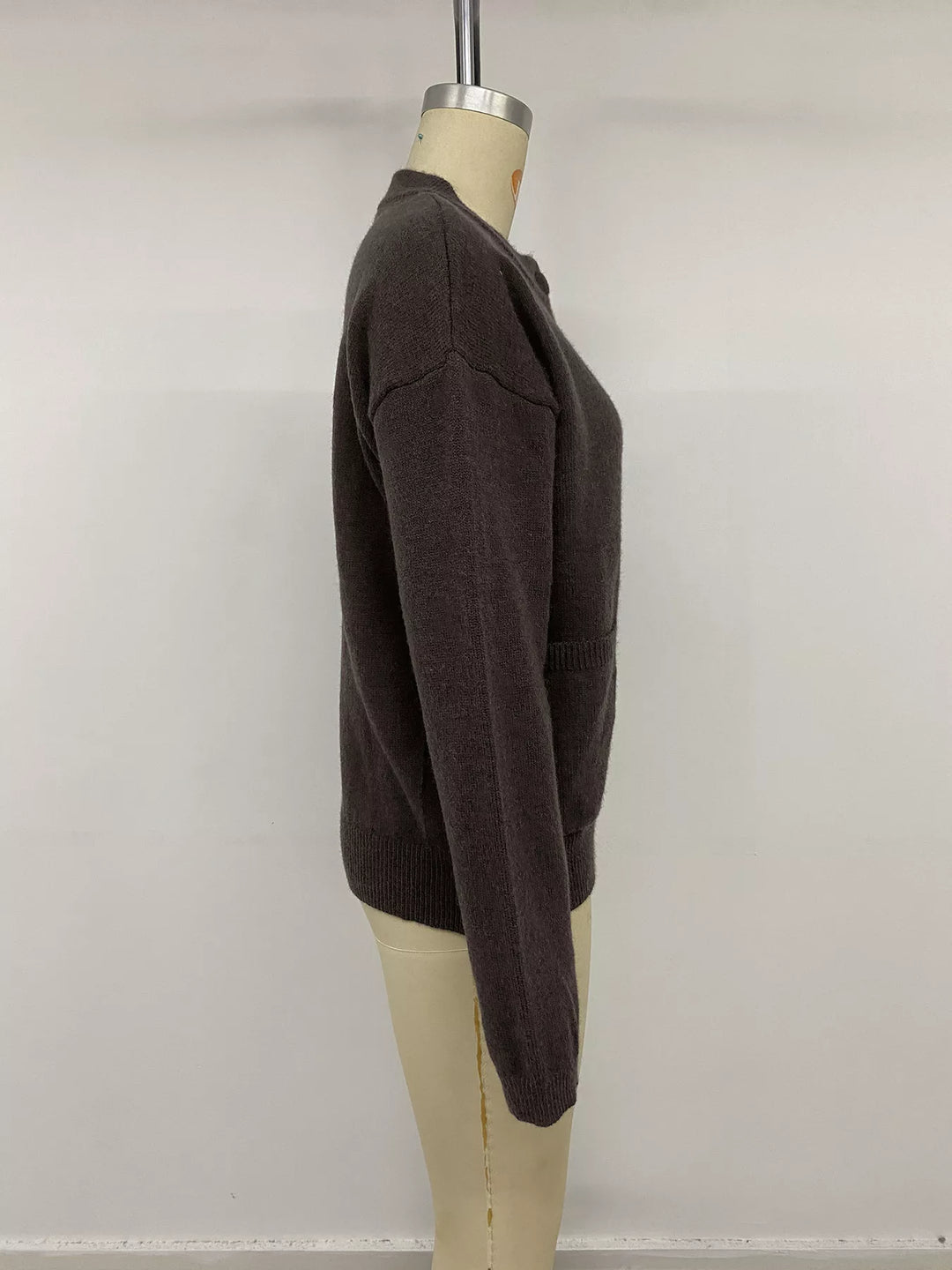 Crew neck button-up knit cardigan with patch pockets