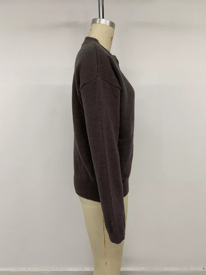 Crew neck button-up knit cardigan with patch pockets