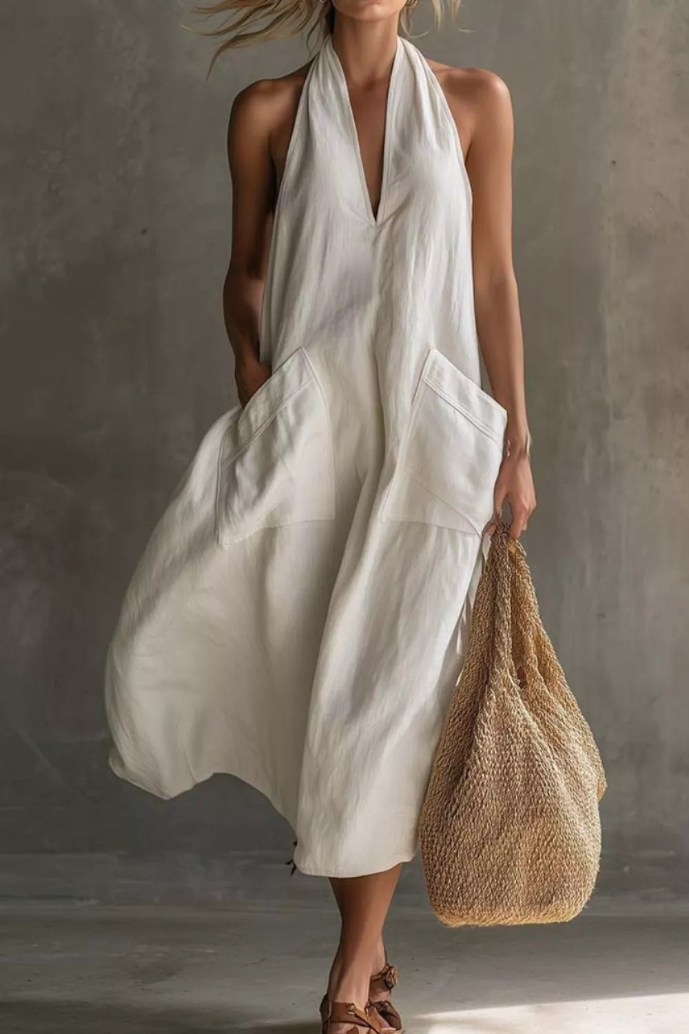 Relaxed halter neck midi dress with patch pockets