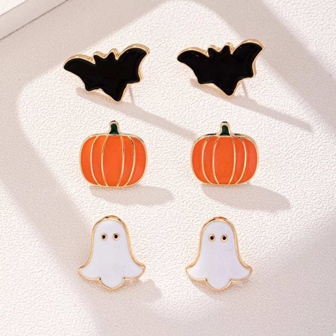Halloween pumpkin, ghost and bat stud earring 3-pair set