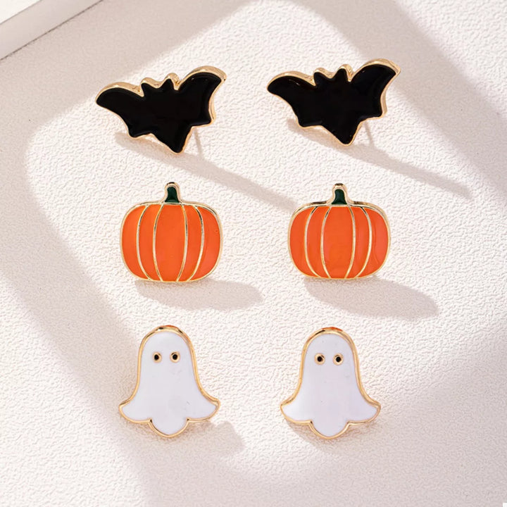 Halloween pumpkin, ghost and bat stud earring 3-pair set
