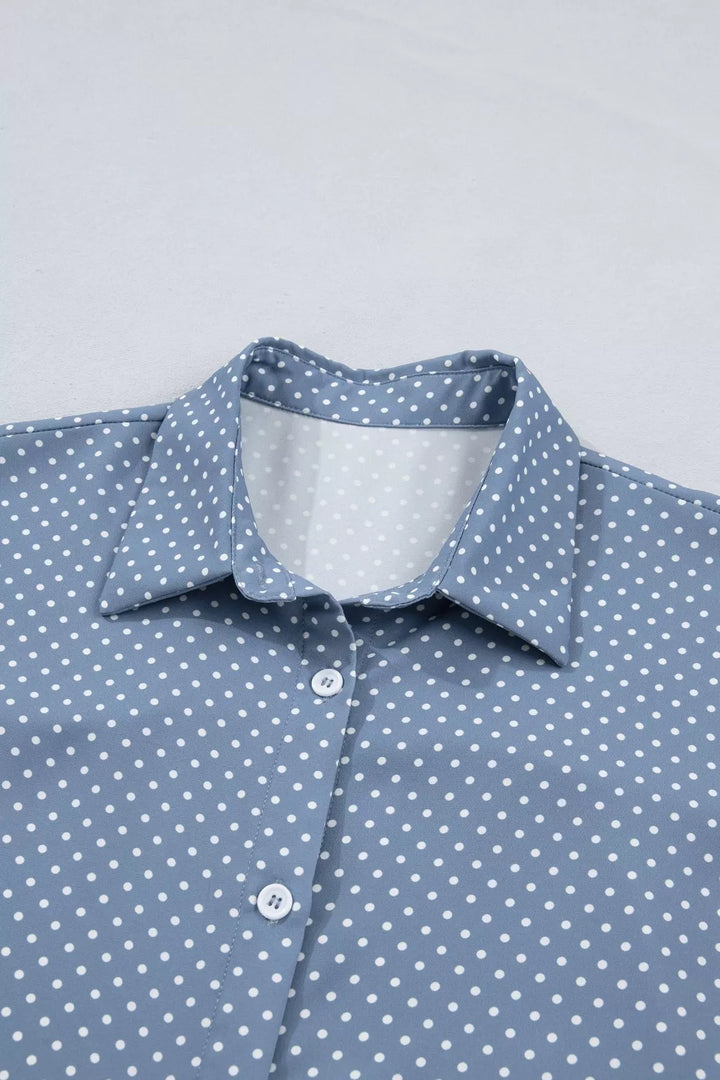 Polka dot button-down shirt with cuffed short sleeves