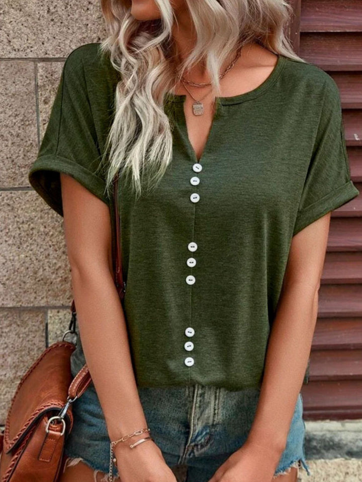Army Green Decorative button-front notch neck short sleeve tee