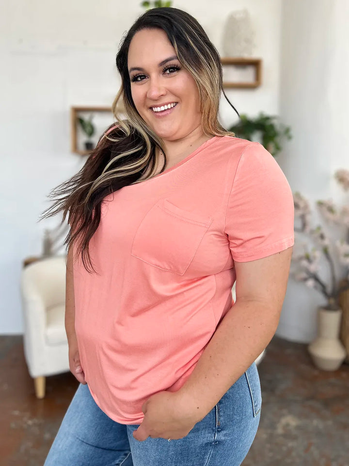 V-neck short sleeve bamboo tee with chest pocket