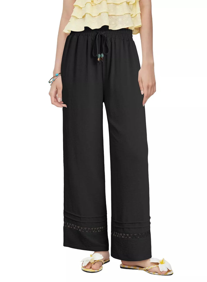 Black Wide leg drawstring pants with embroidered lace hem