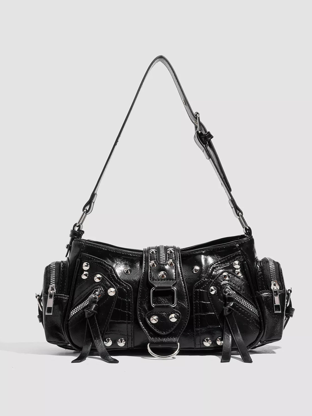 Black Studded moto shoulder bag with zip cargo pockets