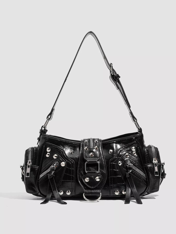 Black Studded moto shoulder bag with zip cargo pockets