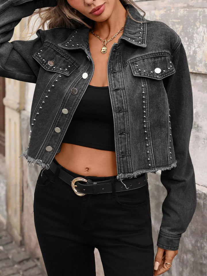 Studded cropped denim jacket with raw frayed hem