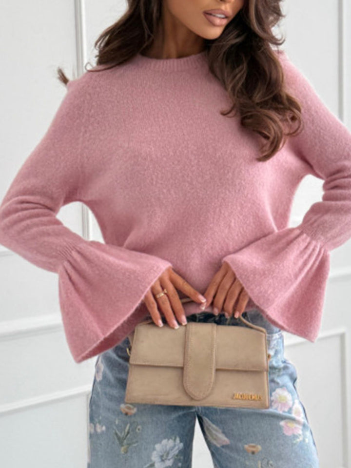 Pink Round neck flounce sleeve ribbed knit sweater