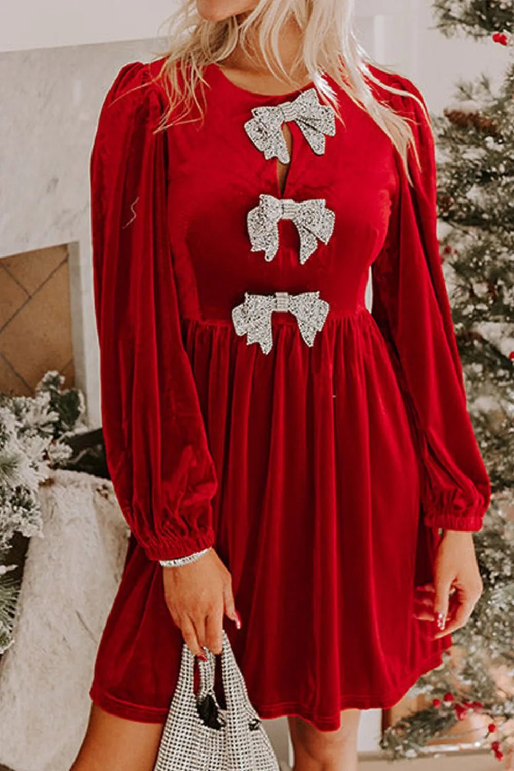 Scarlet Rhinestone bow velvet mini dress with balloon sleeves