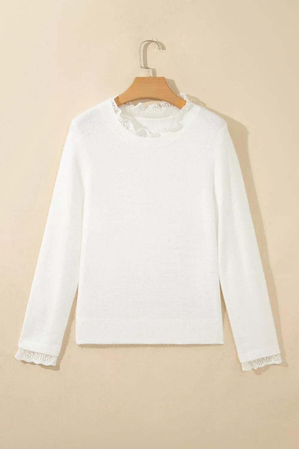 Lace trim fuzzy knit crew neck pullover sweater