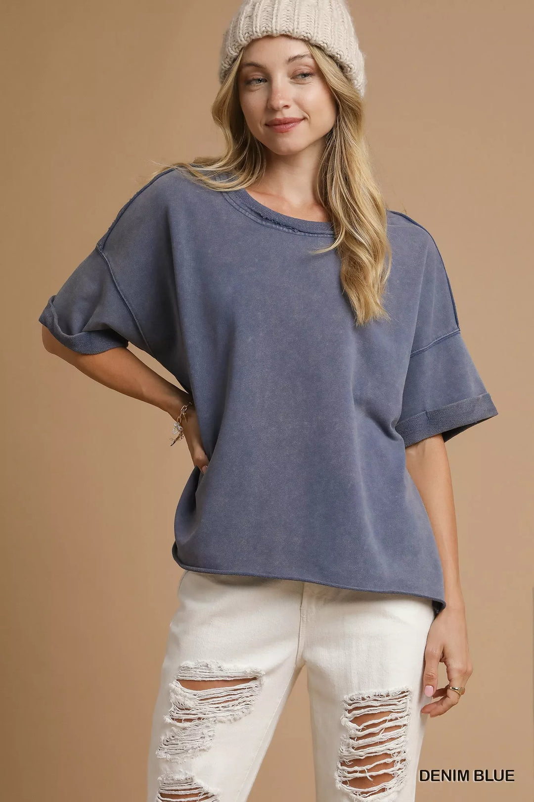 DENIM BLUE Mineral wash oversized round neck top with rolled sleeves