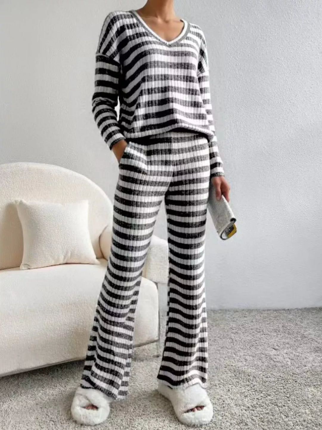 Black Striped ribbed knit V-neck top and wide leg pants set