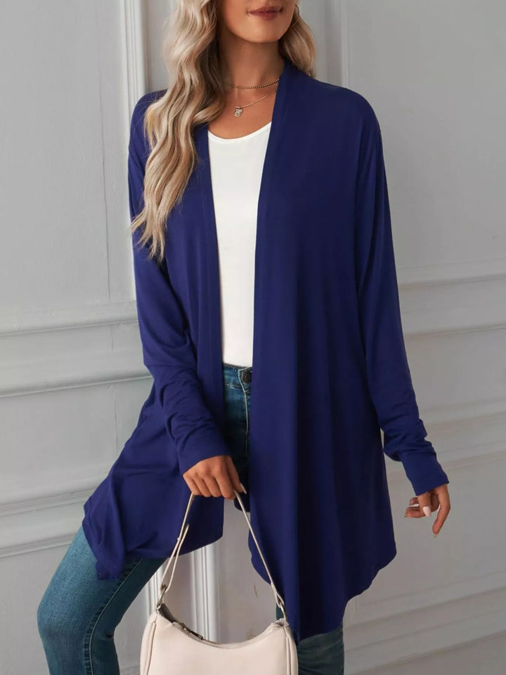 Lightweight open front cardigan with draped waterfall hem