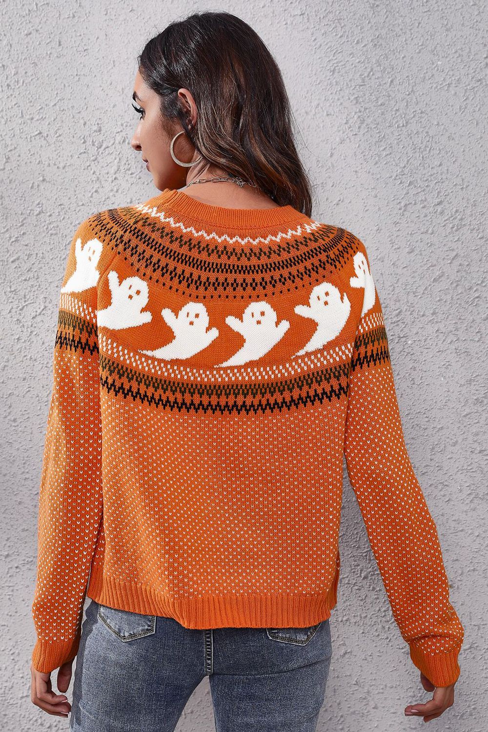 Ghost print Fair Isle knit crew neck pullover sweater