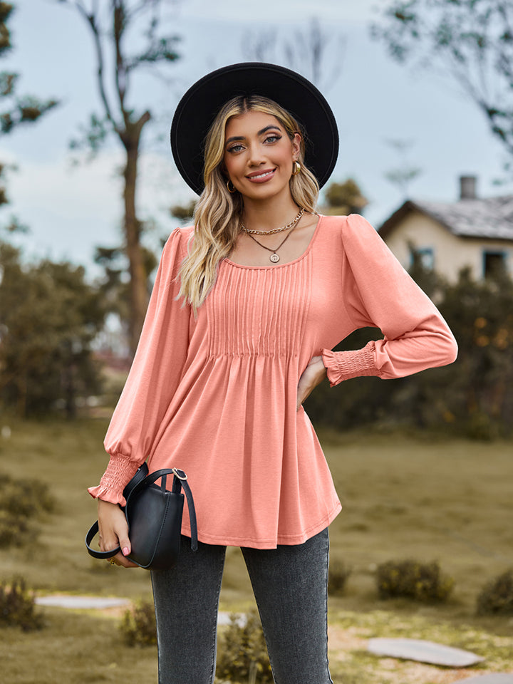 Pintuck pleated puff sleeve blouse with smocked cuffs