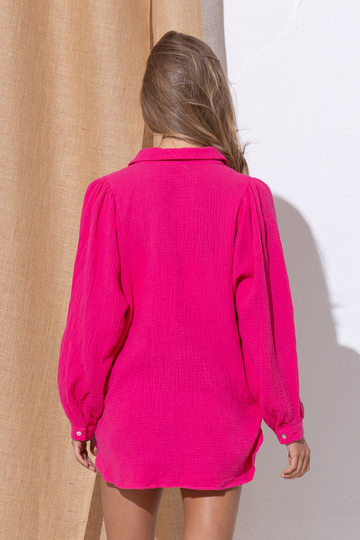 Marseille Textured Gauze Button Down Puff Sleeve Blouse