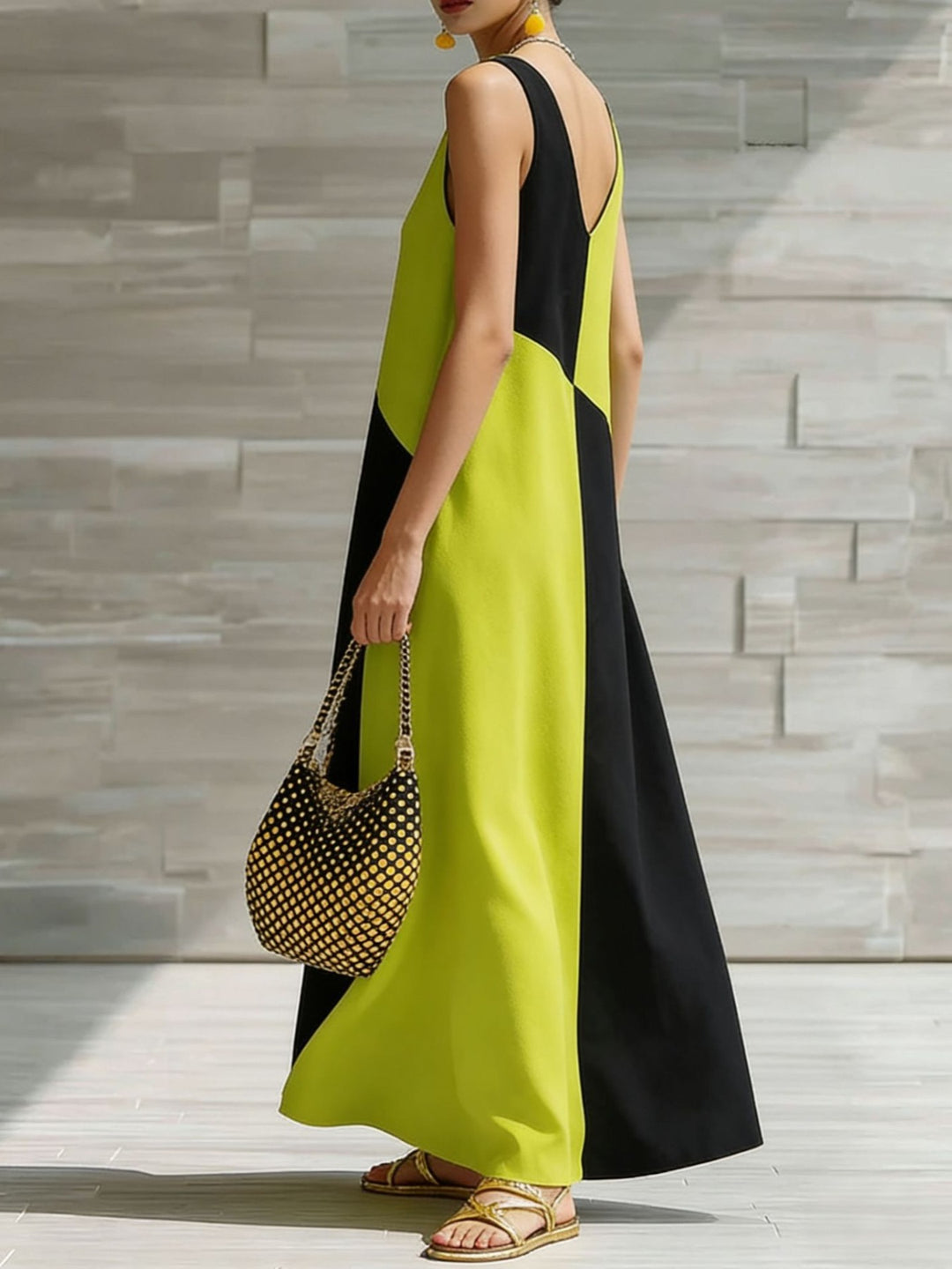 Color block sleeveless V-neck maxi dress