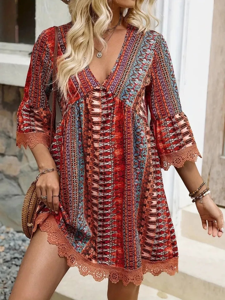Rust Boho printed mini dress with lace trim and bell sleeves