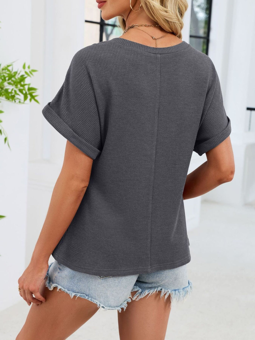 Crochet lace yoke waffle knit short sleeve top
