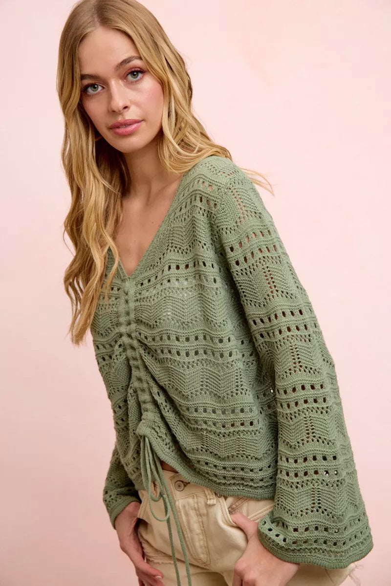 Long sleeve pointelle knit V-neck top with ruched front