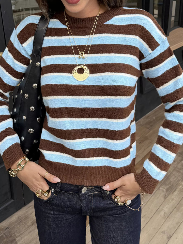 Striped crew neck pullover sweater with drop shoulders