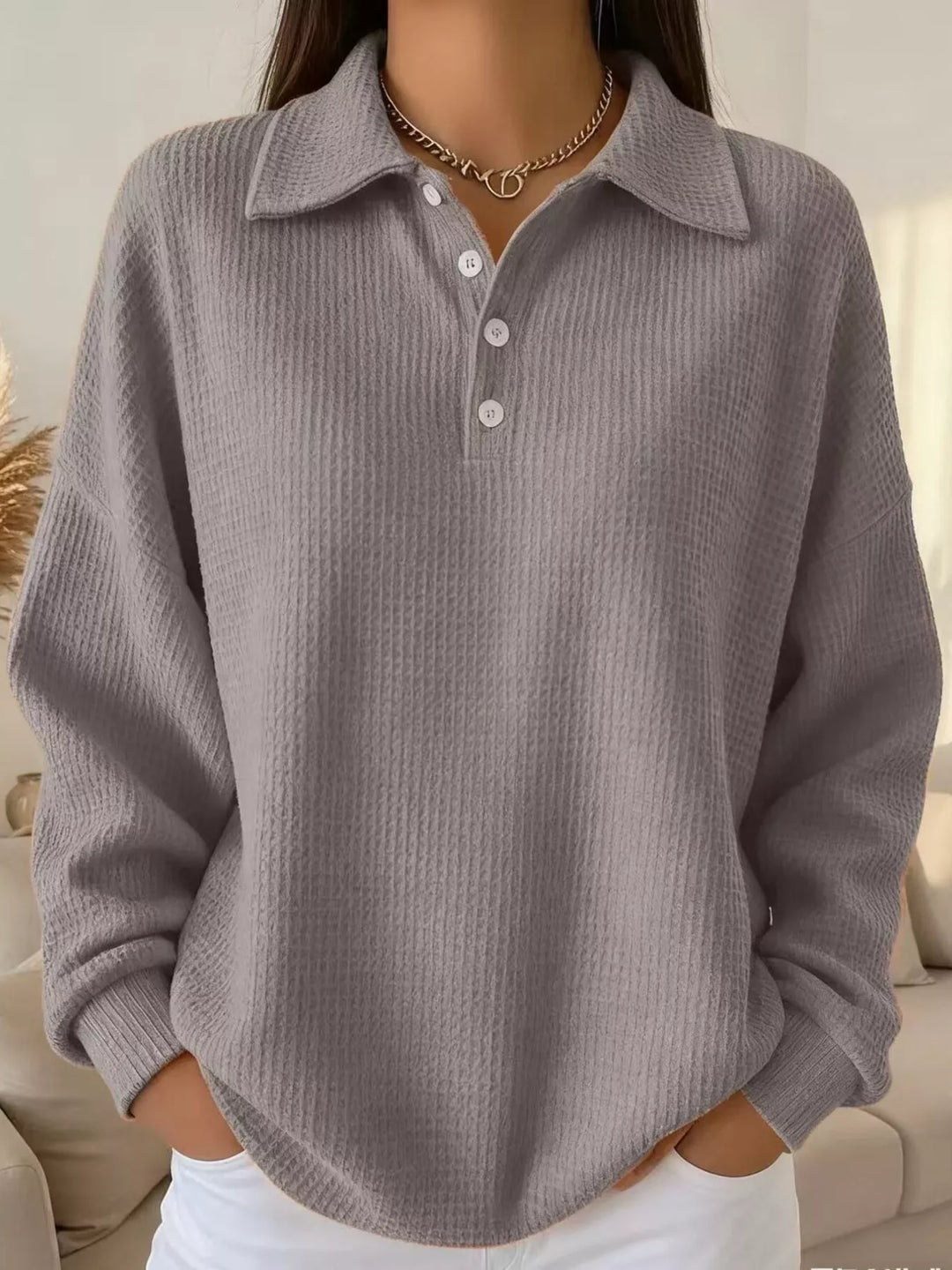 Gray Waffle knit collared pullover with button placket