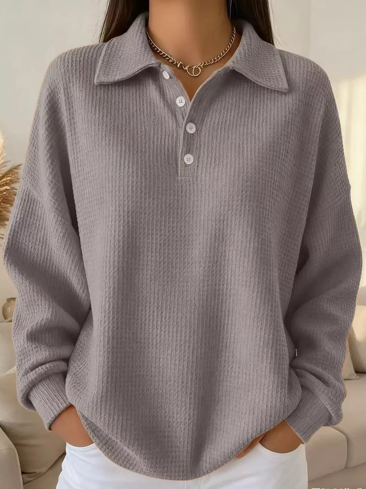 Gray Waffle knit collared pullover with button placket