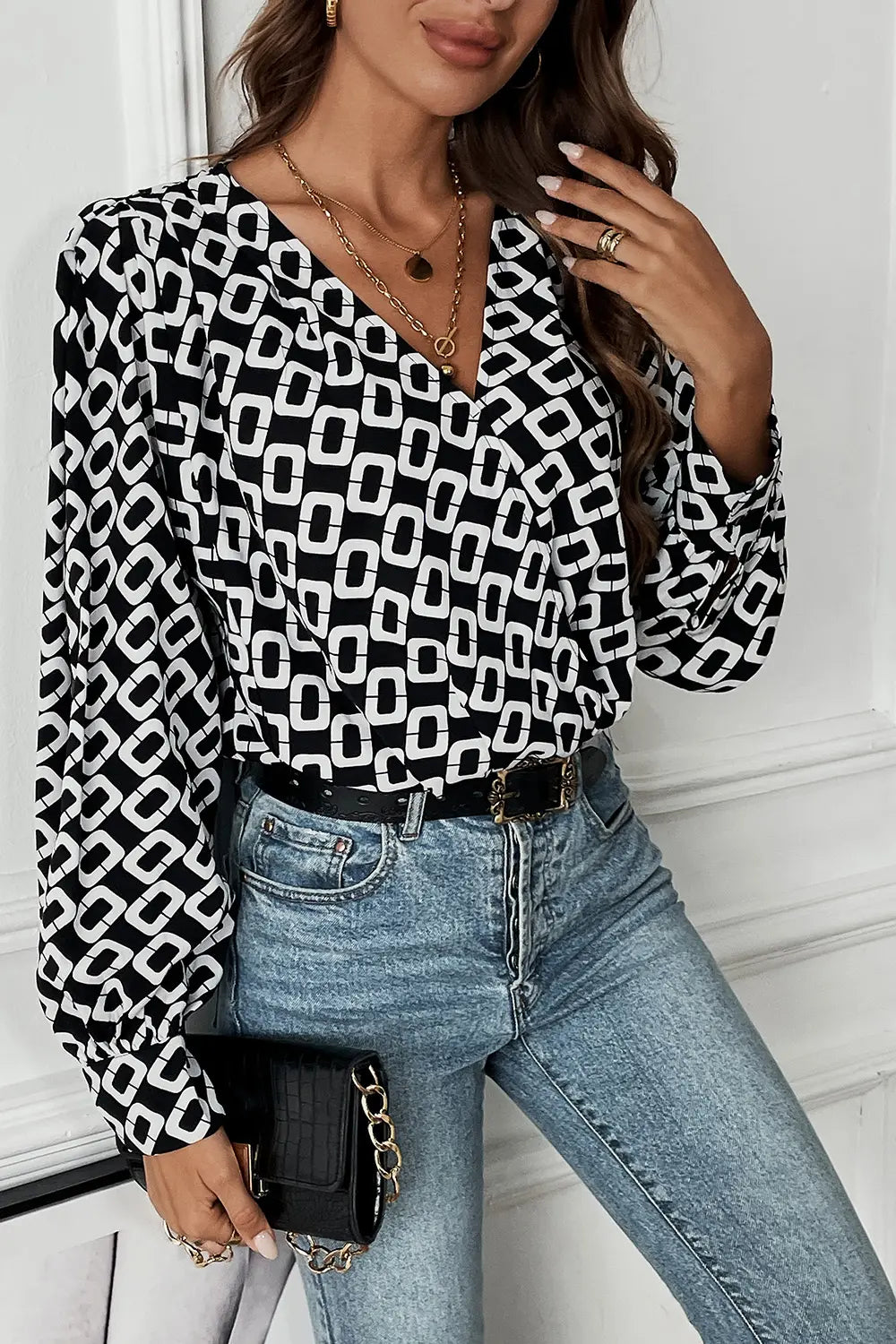 Geometric print wrap-front V-neck long sleeve blouse