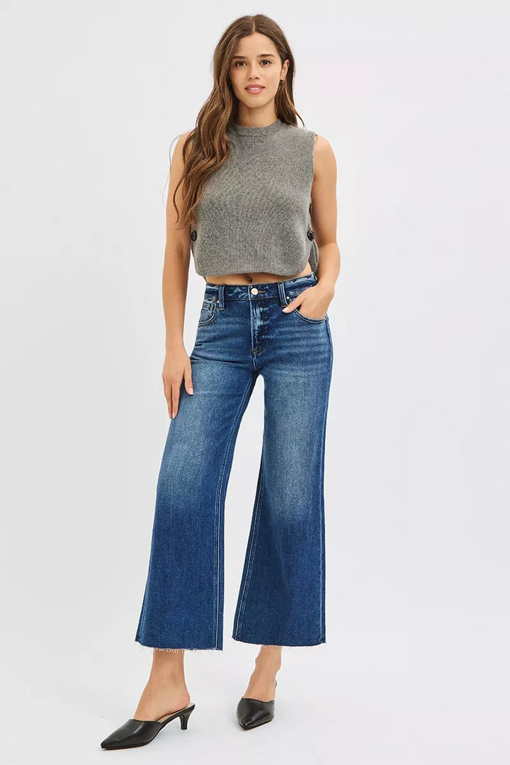 Mid-rise wide-leg cropped jeans with raw frayed hem