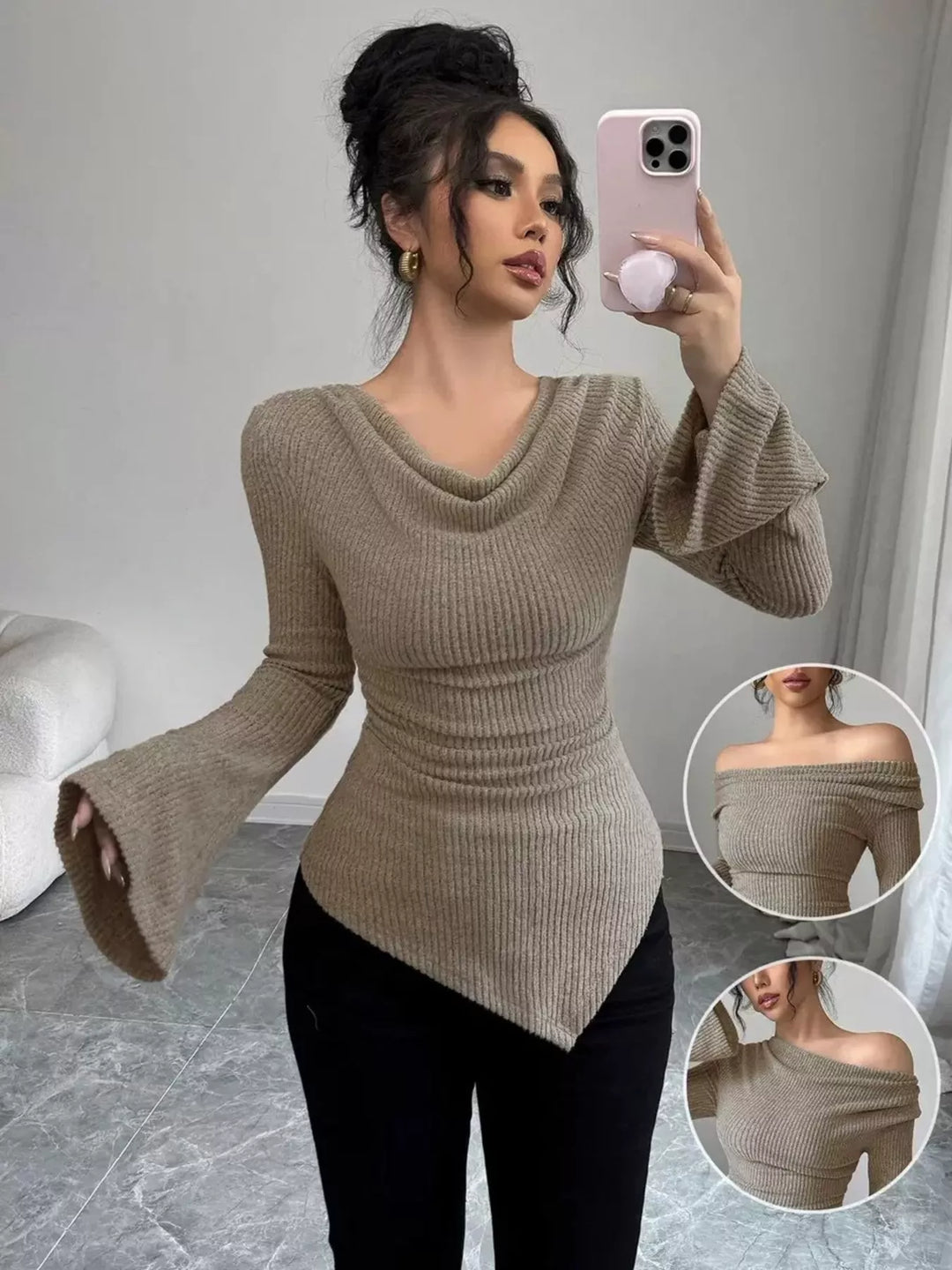 Cowl neck ribbed knit top with flare sleeves