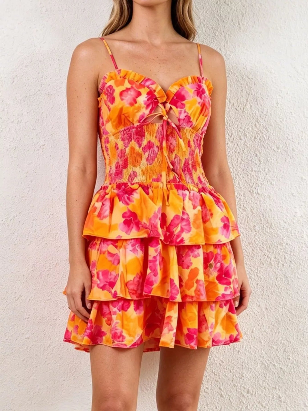 Floral print cutout mini dress with tiered ruffle skirt