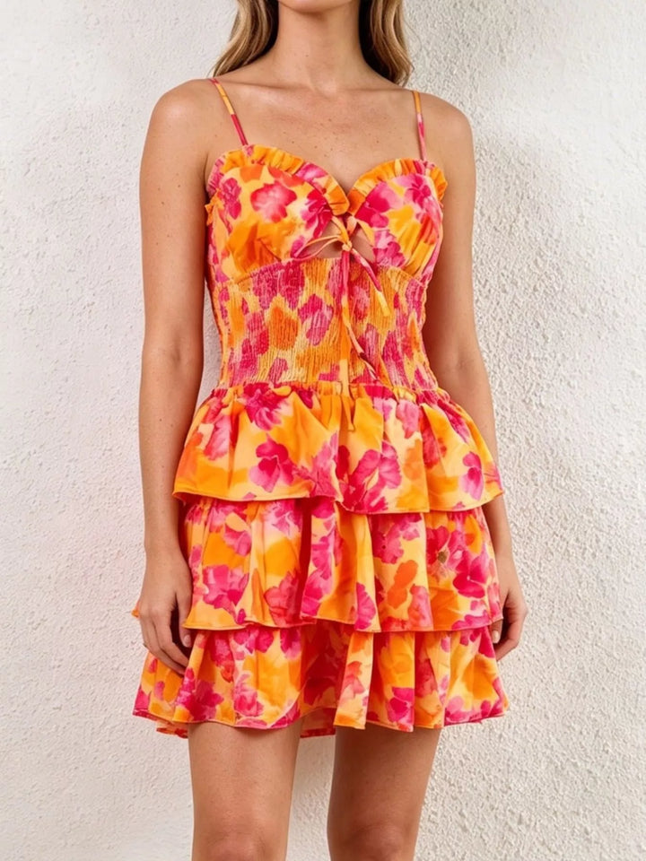 Floral print cutout mini dress with tiered ruffle skirt