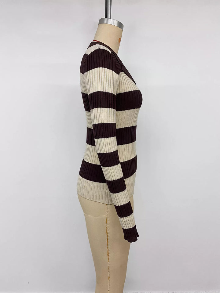 Striped ribbed knit polo collar long sleeve top