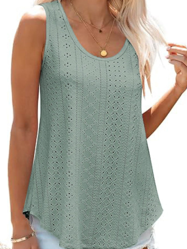 Eyelet knit scoop neck flowy swing tank top