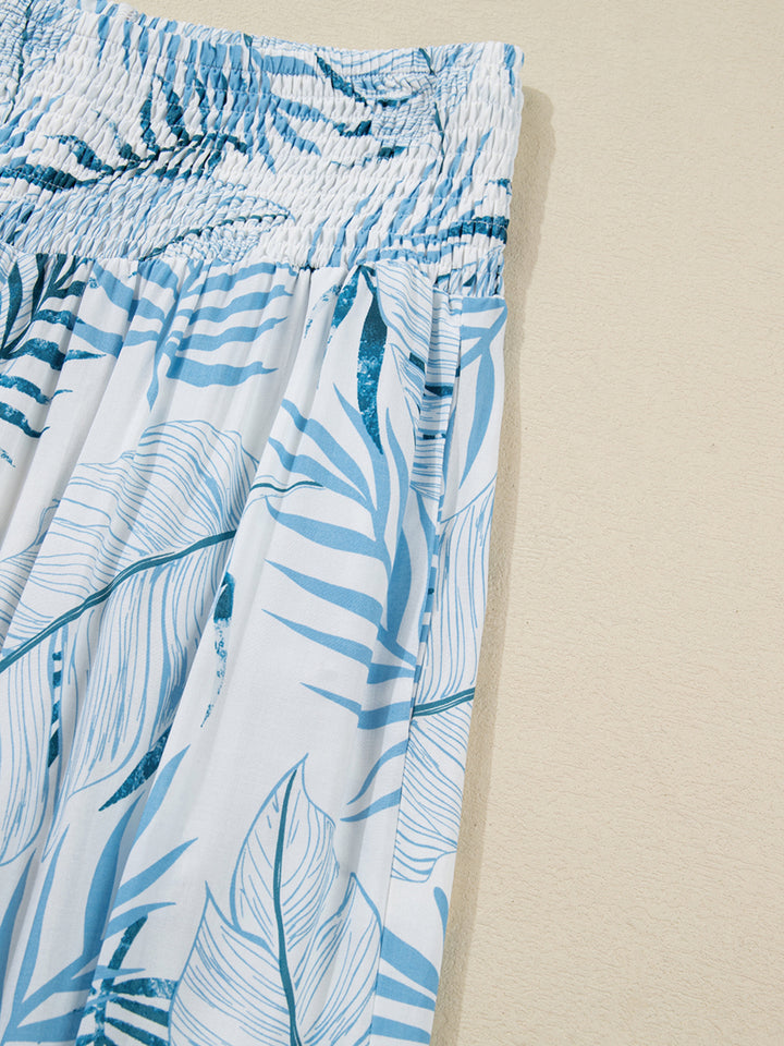 Tropical leaf print shirred-waist wide-leg pants