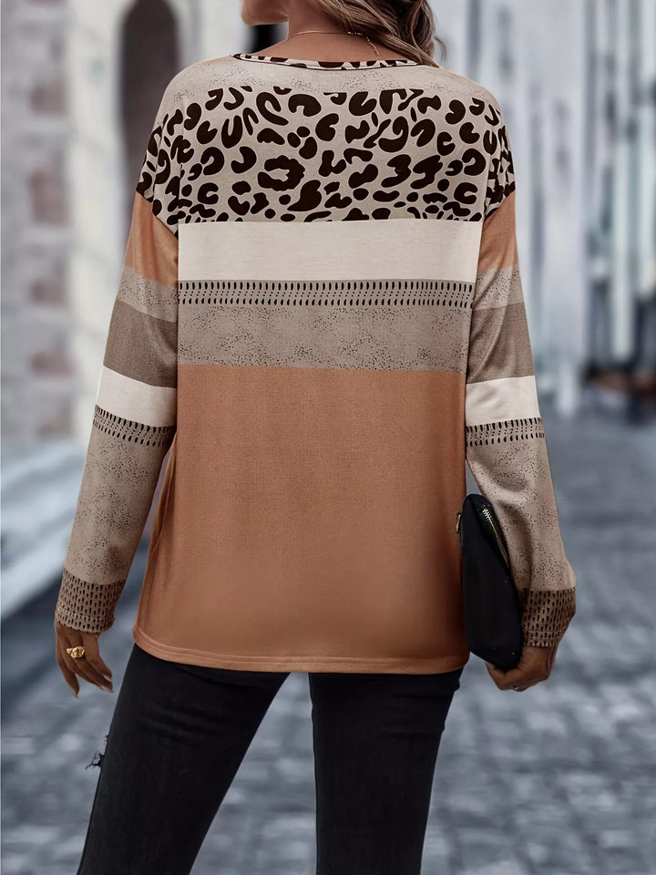 Leopard color block long sleeve knit top