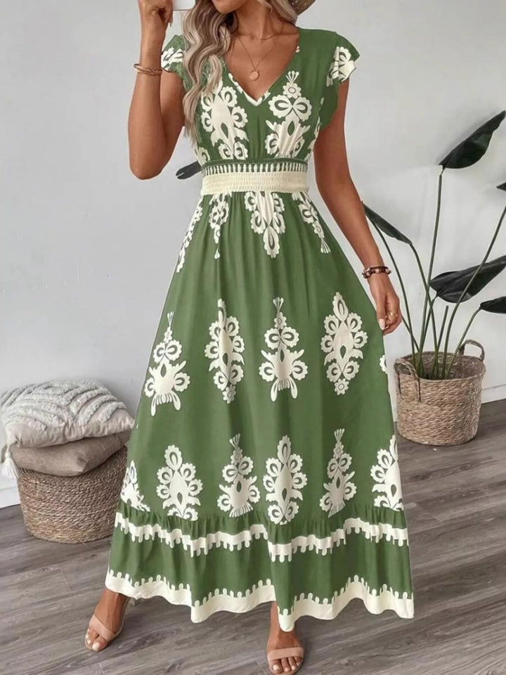 Ornate print v-neck maxi dress with flutter sleeves