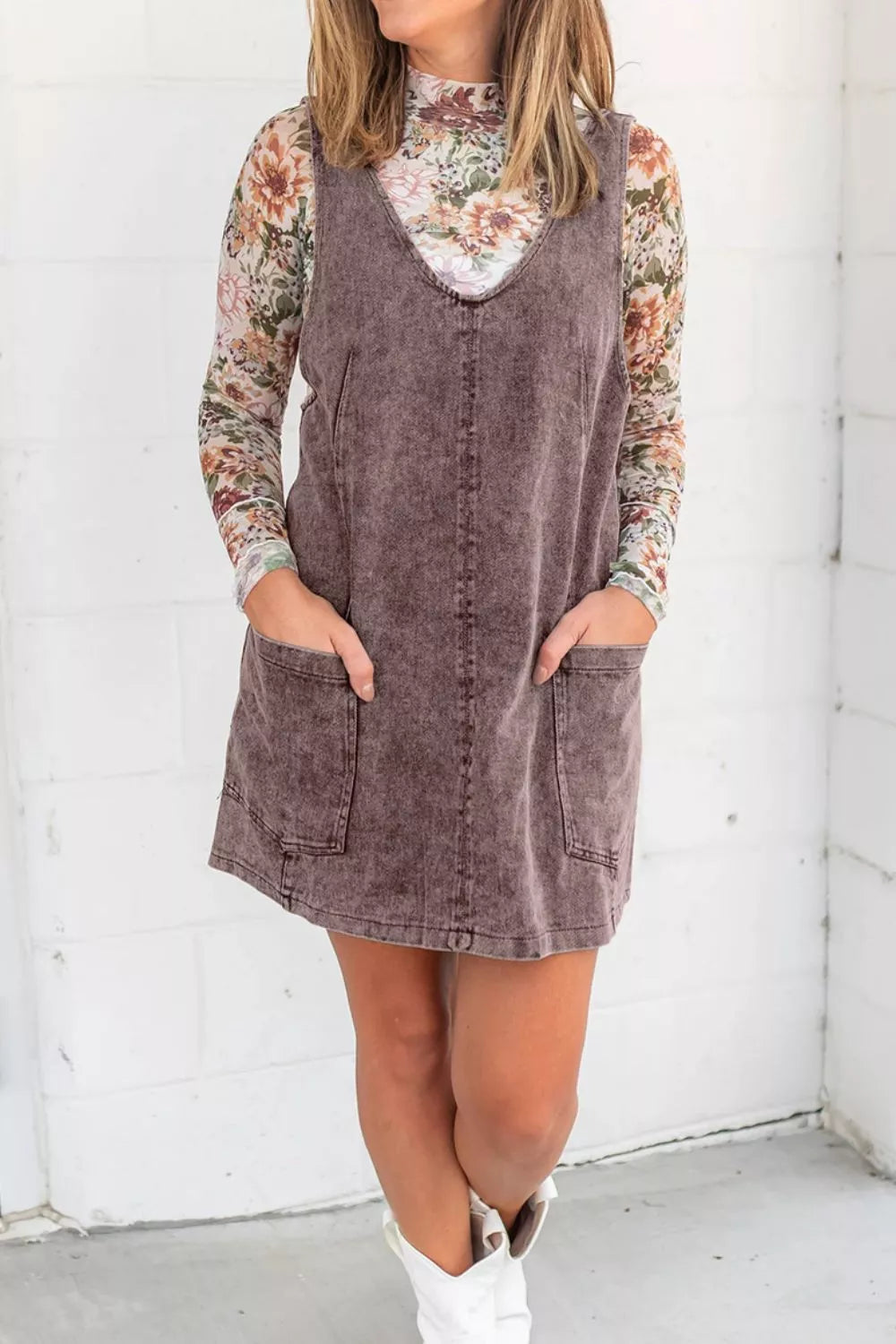 Vintage wash denim overall dress with patch pockets