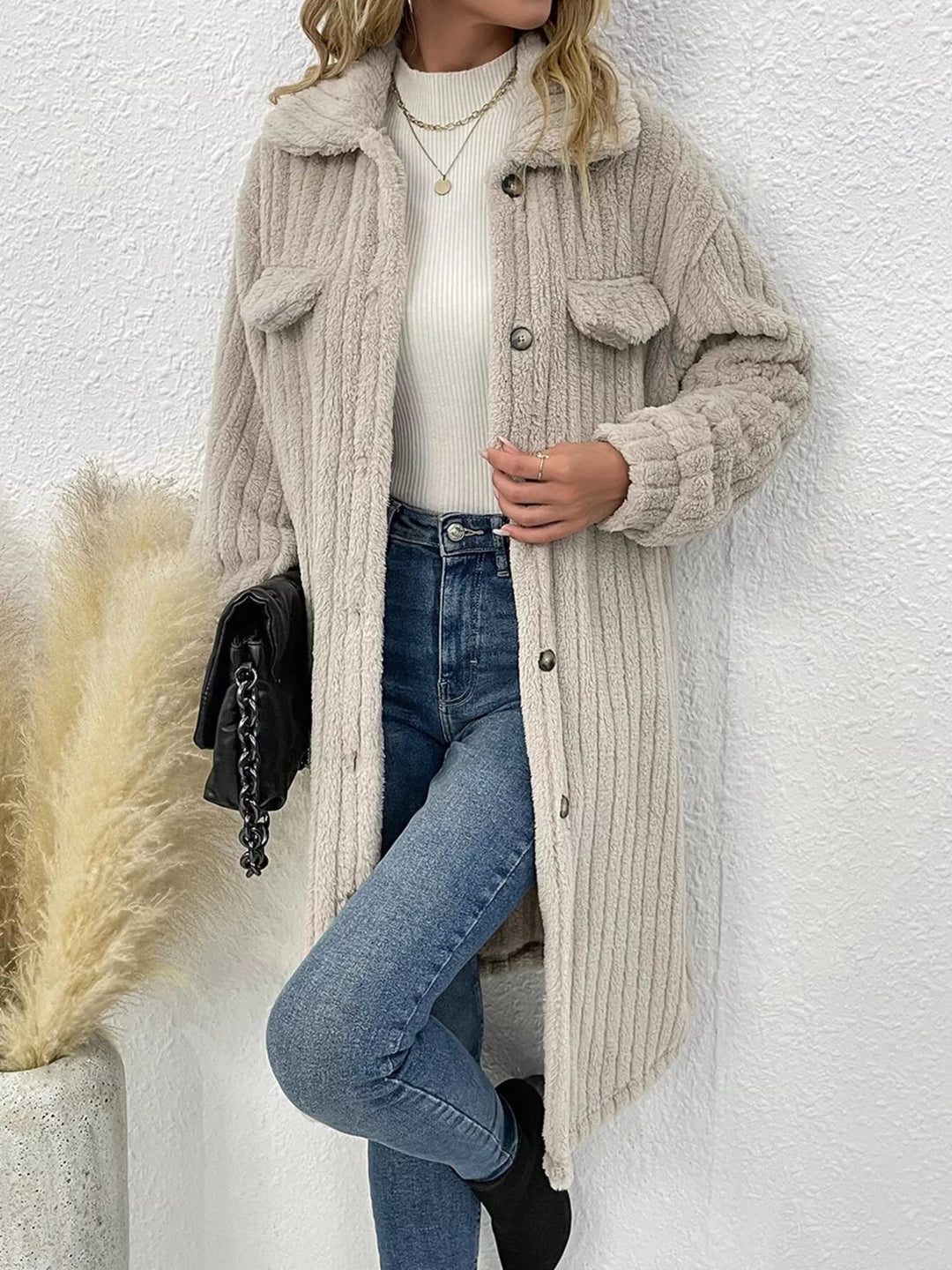 Ribbed fleece longline button-down coat with flap pockets